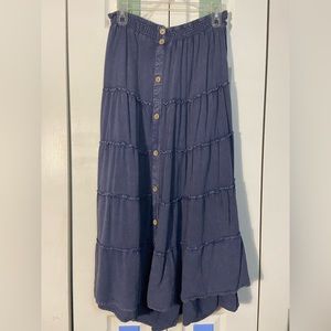 Mlle Gabrielle Acid Wash Ruffle Tiered Button Down Maxi Skirt